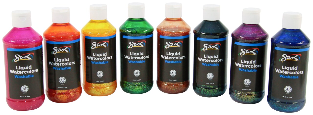 Sax Liquid Washable Watercolor Paint, 8 Ounce, Assorted Glitter Colors, Set  of 8